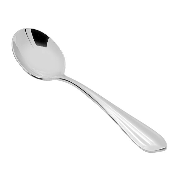 A close-up of a Fortessa stainless steel bouillon spoon.