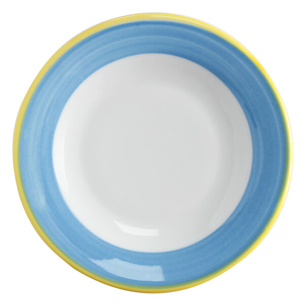 Corona by GET Enterprises PA1601901524 Calypso 7 1/4" Bright White Porcelain Rolled Edge Plate with Blue and Yellow Rim - 24/Case