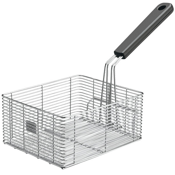 A Waring wire fryer basket with a black handle.