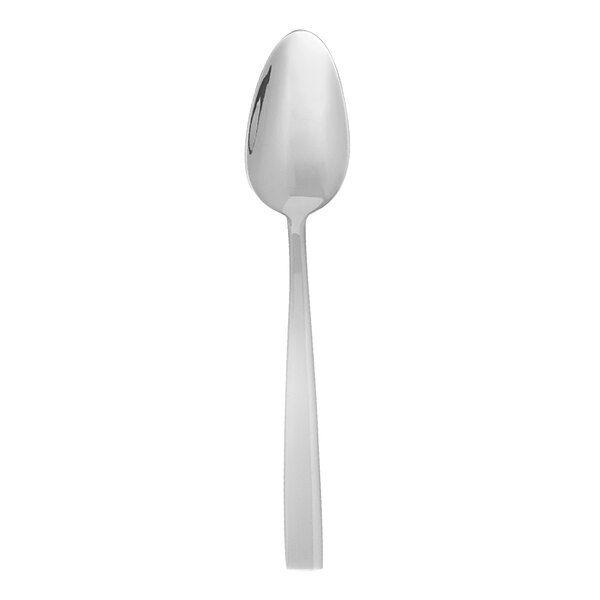 A Fortessa Catana stainless steel dessert/soup spoon with a white handle on a white background.