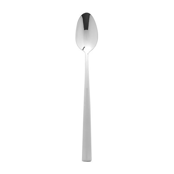 A silver Fortessa iced tea spoon with a white handle on a white background.