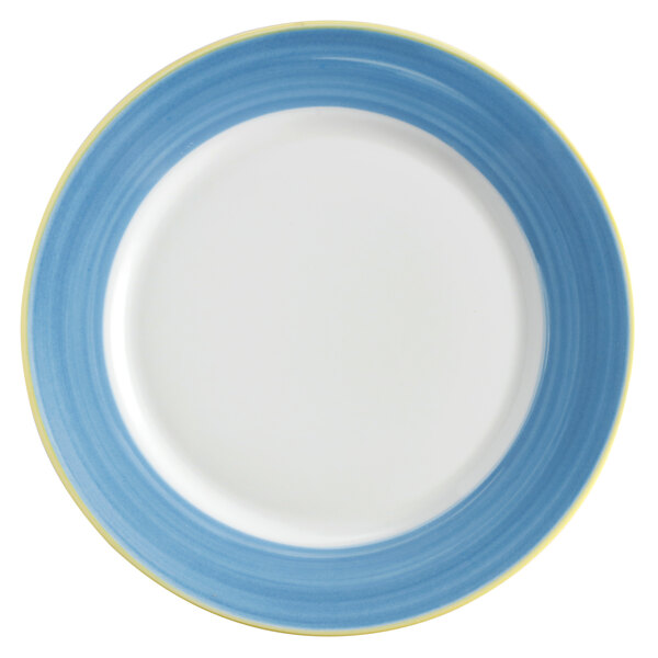 Corona by GET Enterprises PA1601902324 Calypso 9" Bright White Porcelain Rolled Edge Plate with Blue and Yellow Rim - 24/Case