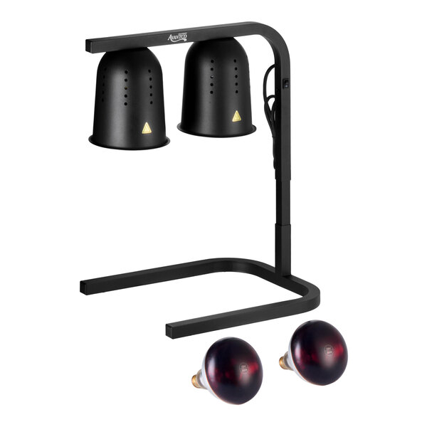 Avantco W62-BLK Black 2 Bulb Free Standing Heat Lamp / Food Warmer with Red Bulbs - 120V, 500W