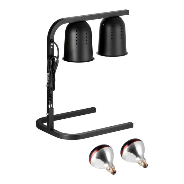 A black free-standing heat lamp food warmer with two bulb sockets and two included red bulbs.