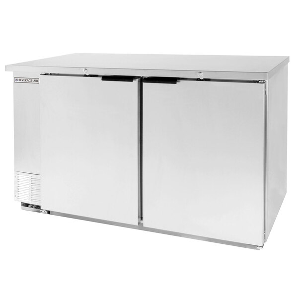 A stainless steel Beverage-Air back bar wine refrigerator with two doors.