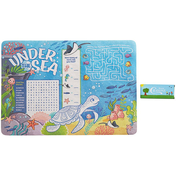 Choice 10" x 14" Kids Under Sea Themed Interactive Placemat with 4 Restaurant Crayons - 1000/Case