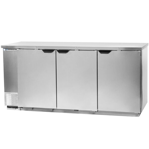 A stainless steel Beverage-Air wine refrigerator with three doors.
