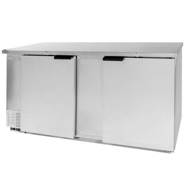A stainless steel Beverage-Air wine refrigerator with two doors.