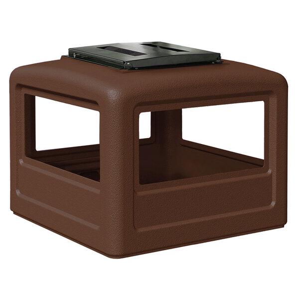 A brown plastic square lid for a Commercial Zone trash can.
