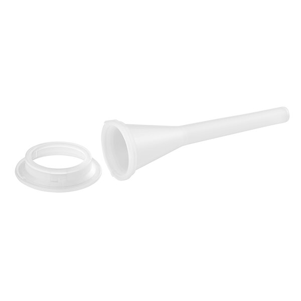A white plastic flange with a round hole and a white plastic cap.