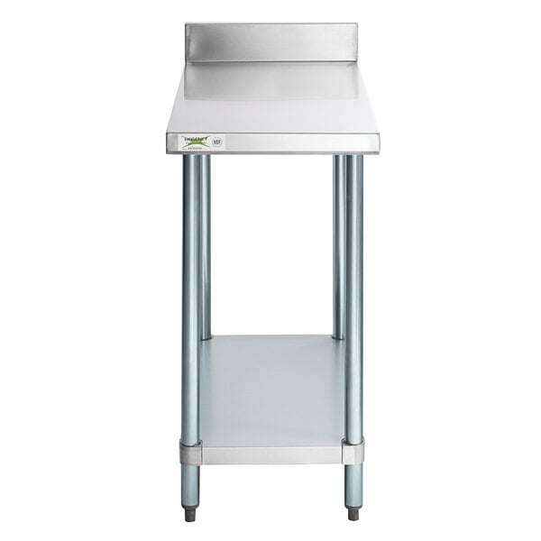 A Regency stainless steel filler table with a galvanized undershelf.