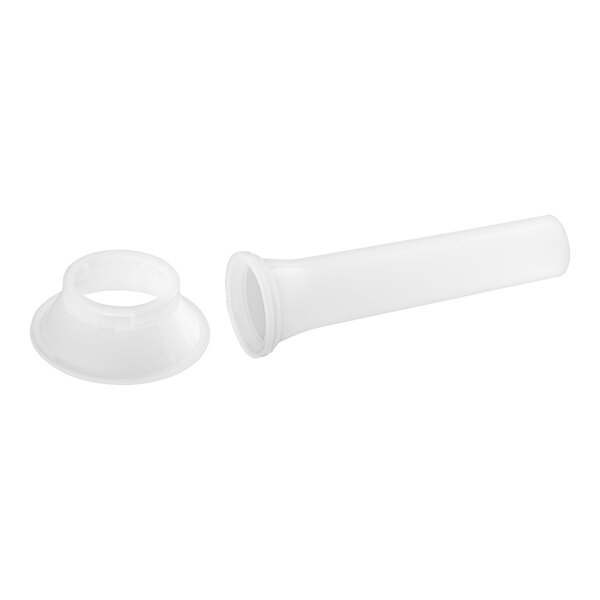 A white plastic flange with a white tube and nozzle.