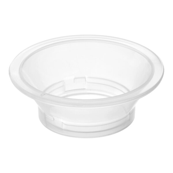 A clear plastic replacement flange for a #22 meat grinder sausage stuffer.