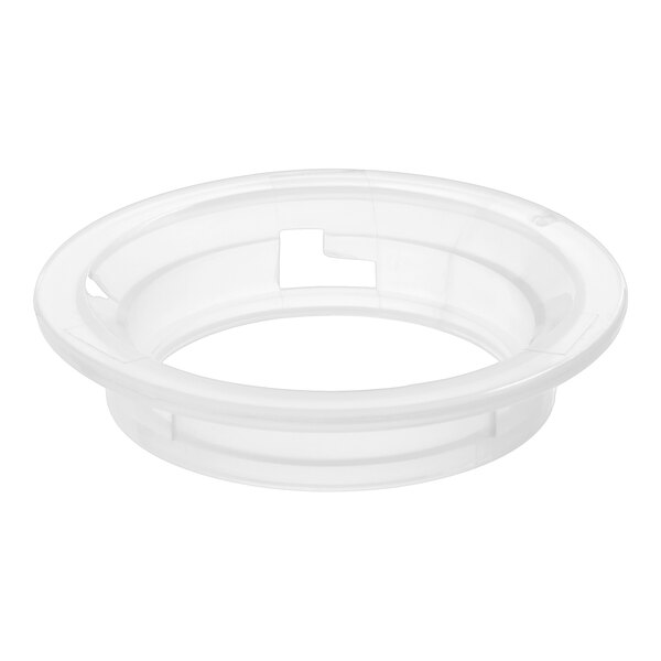 A clear plastic sausage stuffer flange for #12 meat grinders.
