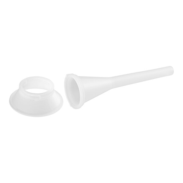 An Avantco white plastic funnel with a white nozzle and flange.
