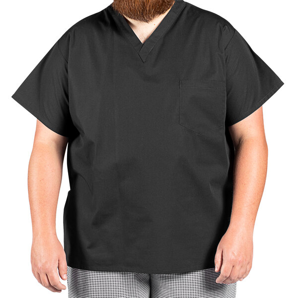 A man wearing a black Uncommon Chef cook shirt with a v-neck.