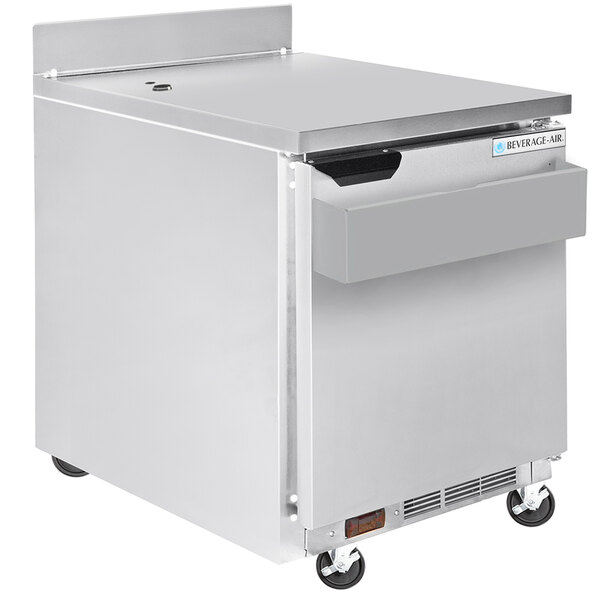 A silver Beverage-Air worktop refrigerator with a speed rail drawer.