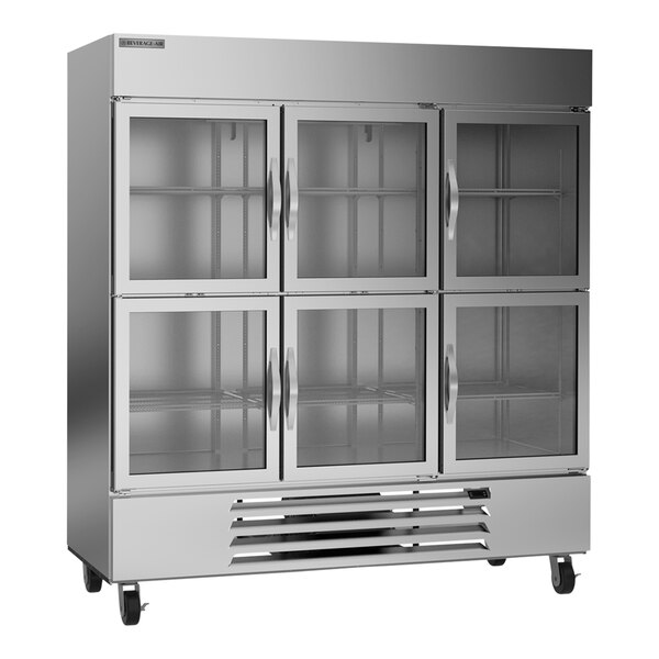 A Beverage-Air silver reach-in freezer with glass half doors.