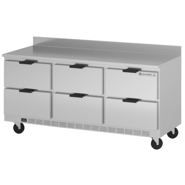 A Beverage-Air stainless steel worktop refrigerator with six drawers.