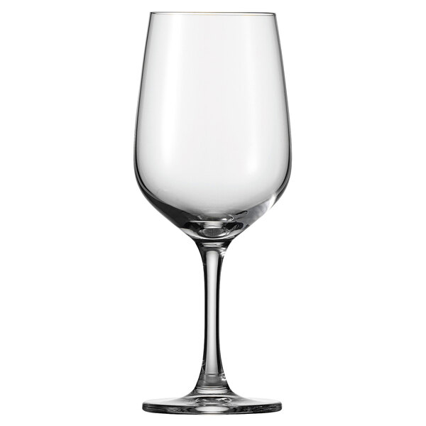 A close-up of a clear Schott Zwiesel red wine glass with a stem and a bowl.