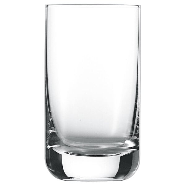 A close-up of a clear Schott Zwiesel highball glass with a small bottom.