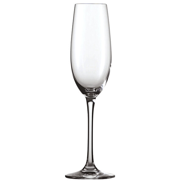 A close-up of a clear Schott Zwiesel Classico flute wine glass with a long stem.