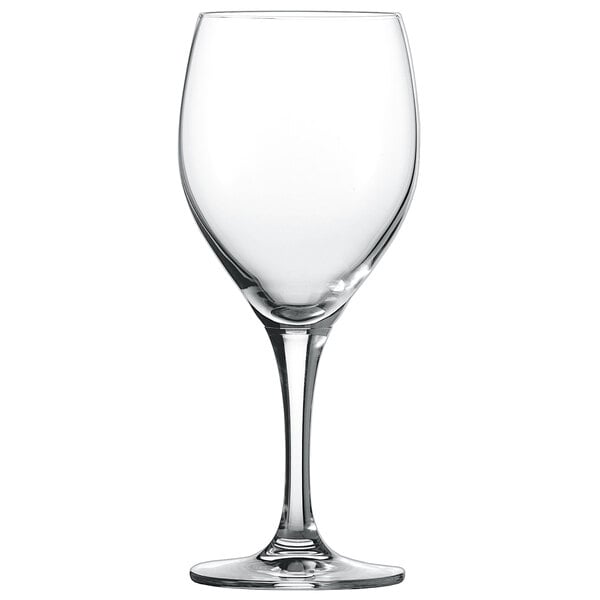 A close-up of a clear Schott Zwiesel wine glass with a short stem on a white background.