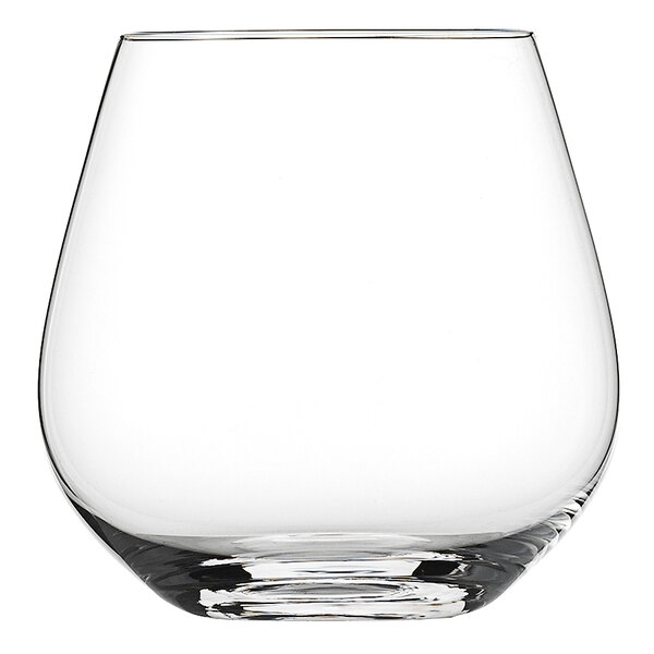 A Schott Zwiesel Fortessa stemless wine glass with a white background.