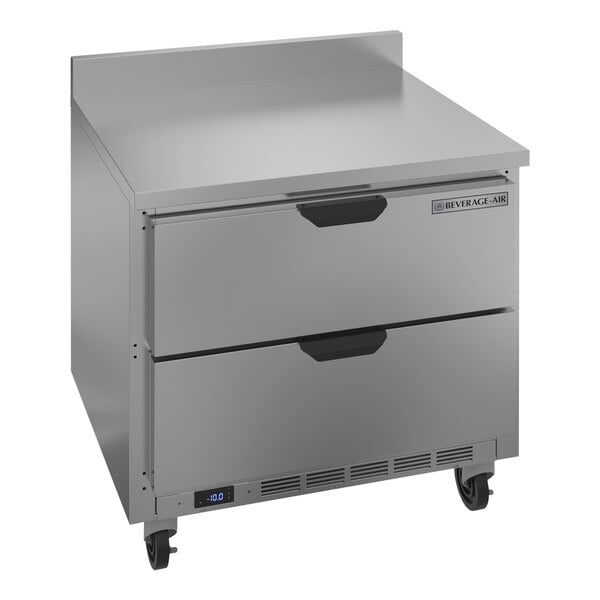 A Beverage-Air stainless steel worktop freezer with two drawers.