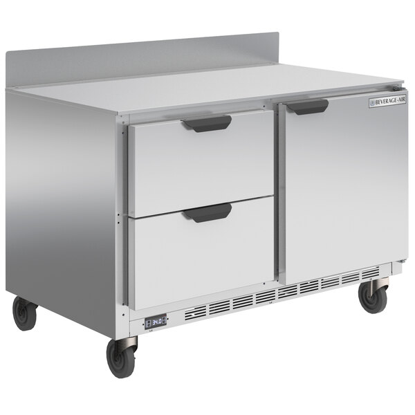 A Beverage-Air stainless steel worktop freezer with one door and two drawers.