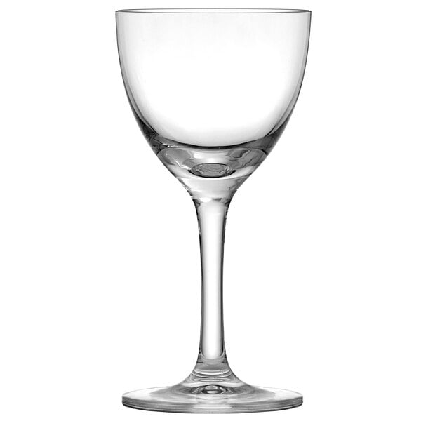 A close-up of a Schott Zwiesel Nick and Nora glass with a stem on a white background.