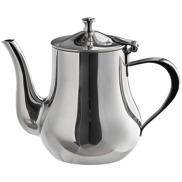 A silver stainless steel Libbey tea pot with a lid.
