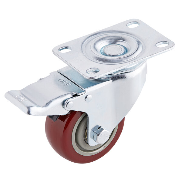 A red and metal plate caster with a white wheel.