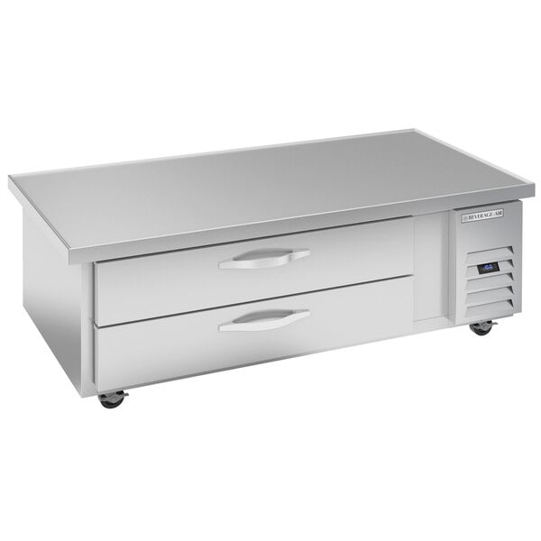 A stainless steel Beverage-Air chef base with two drawers.