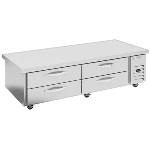 A stainless steel Beverage-Air chef base with four drawers.