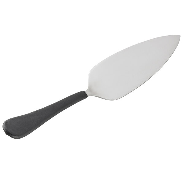 A Tablecraft stainless steel pie server with a black handle.