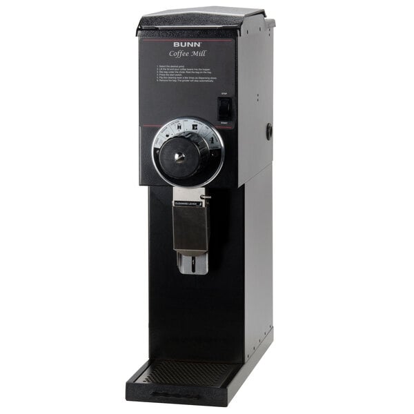 A Bunn black bulk coffee grinder with a dial.
