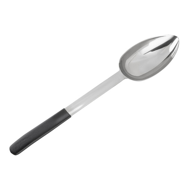 A Tablecraft stainless steel oval portion spoon with a black handle.
