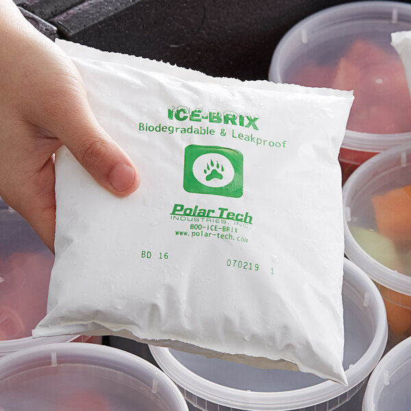 A hand holding a white package of Polar Tech Ice Brix cold packs.