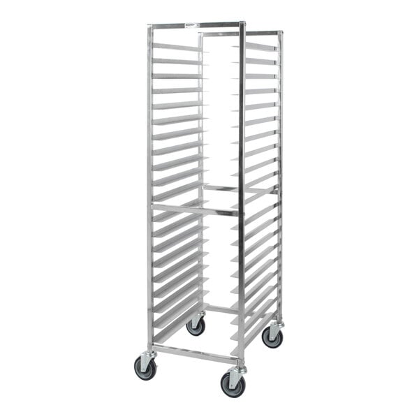 A tall, metal rack with multiple horizontal slots and four caster wheels, designed for holding trays or pans.