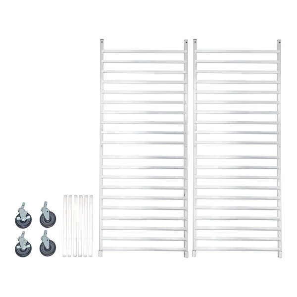 Two metal rack frames, four caster wheels, and several metal rods are laid out on a white background, appearing to be components for assembly.