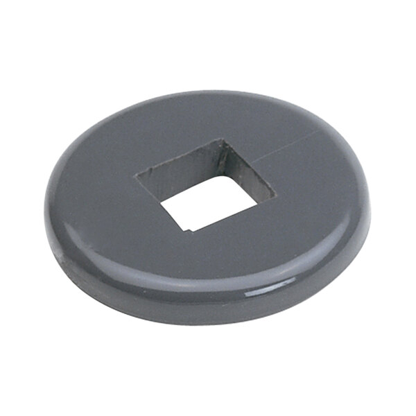A black plastic circular donut bumper with a square hole in it.