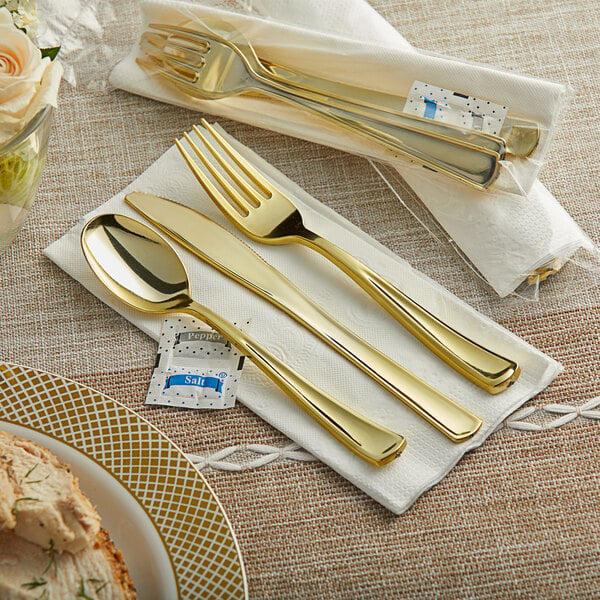 Visions Individually Wrapped Classic Heavy Weight Gold Plastic Cutlery Set with Napkin and Salt and Pepper Packets - 100/Case