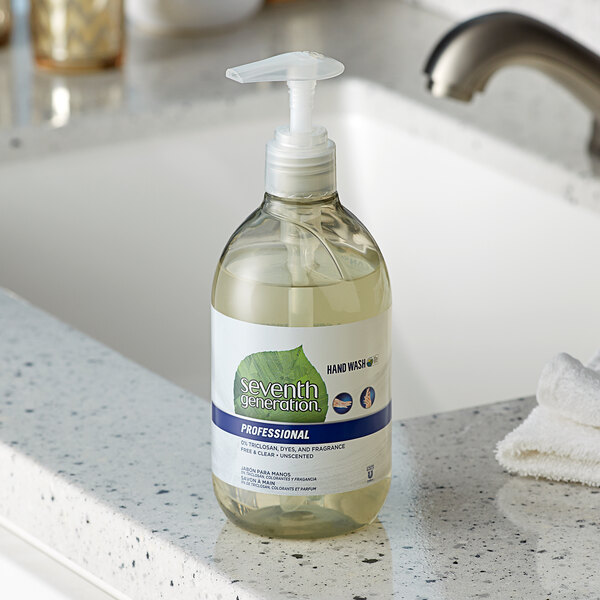 A Seventh Generation bottle of liquid hand soap on a counter.
