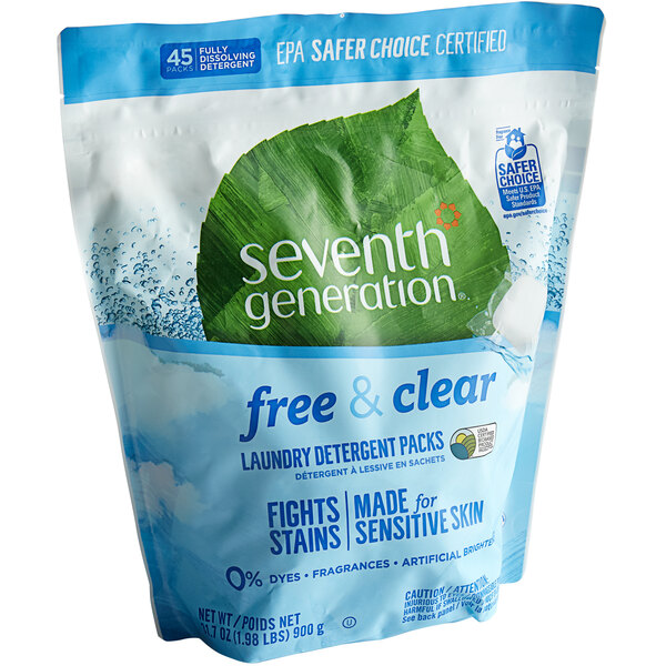 A blue and white bag of Seventh Generation Free & Clear laundry detergent packs.