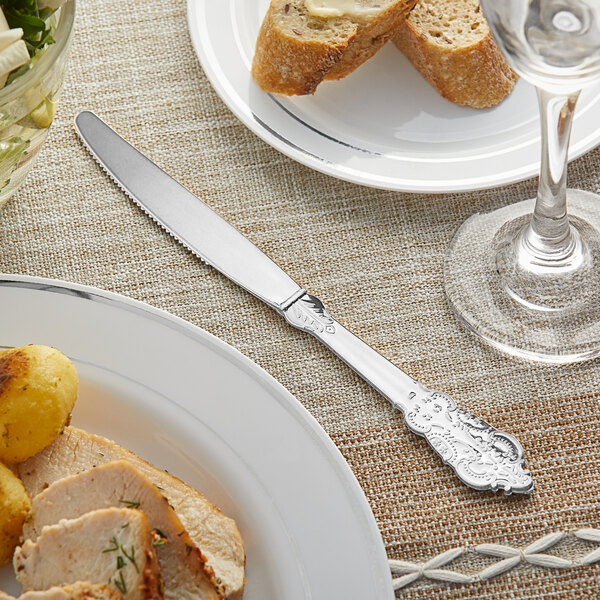 A Visions silver plastic knife on a plate of food with slices of meat.