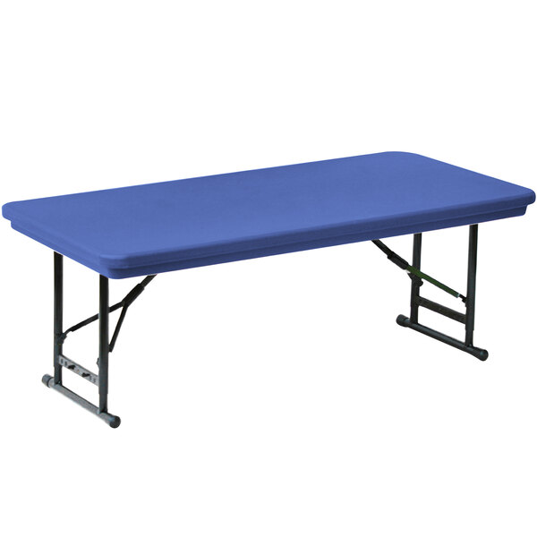 A blue rectangular Correll folding table with black legs.
