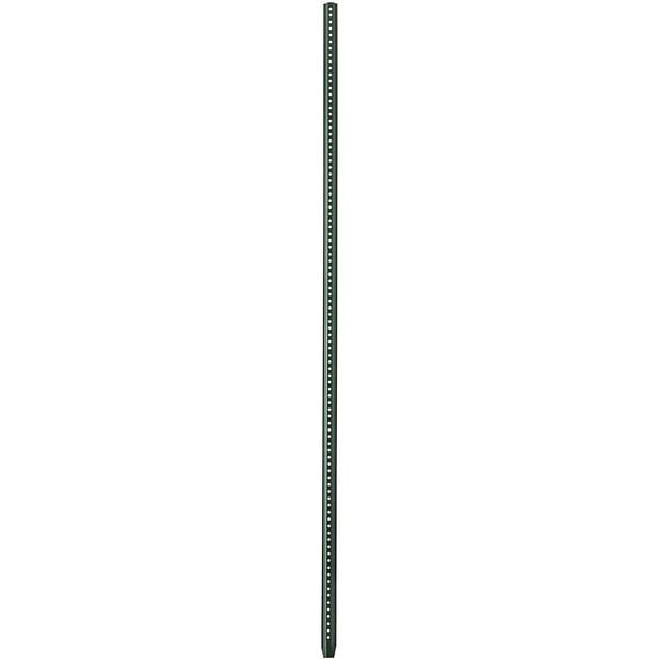 A long metal pole with green dots and holes.
