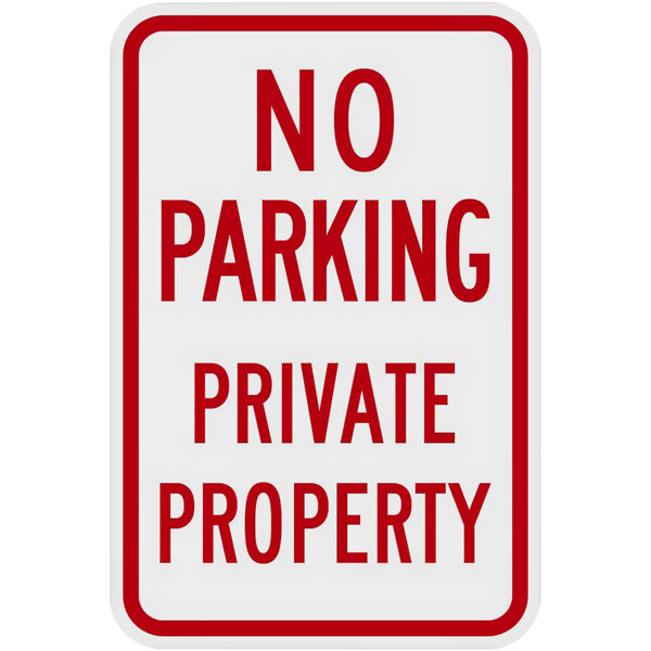 A white rectangular aluminum sign with red text reading "No Parking / Private Property" above the words "Lavex" and "12" x 18" "