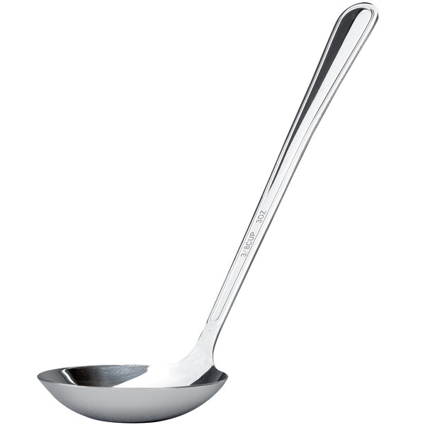 A stainless steel ladle with a mirror finish and a long handle.